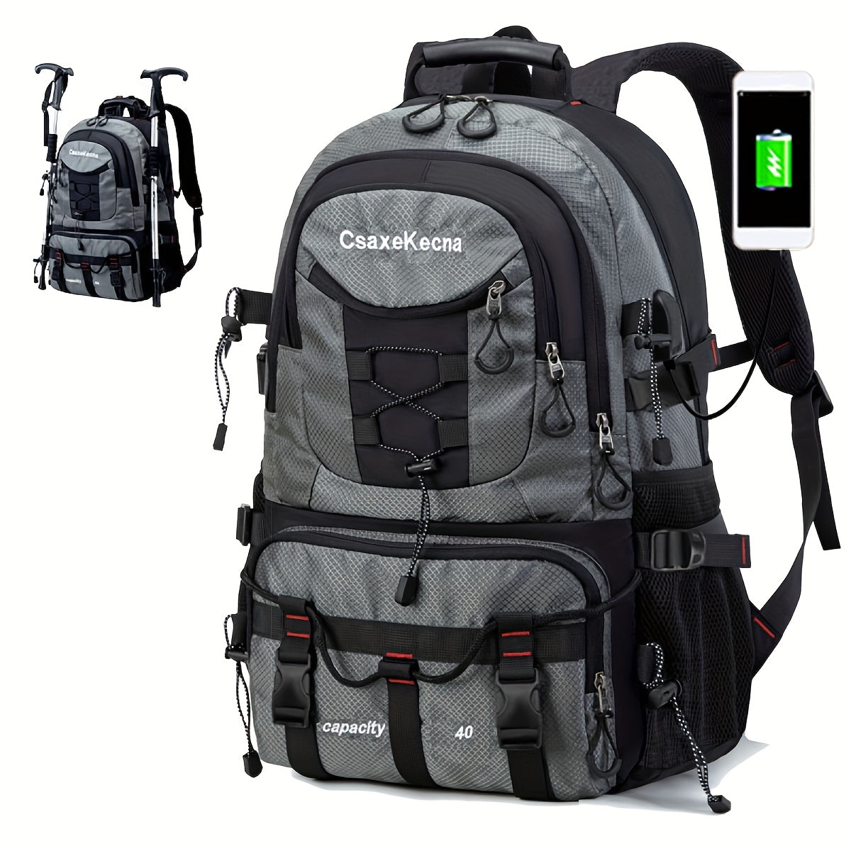 Durable polyester backpack with USB charging port, fits 17-inch laptop, ideal for hiking, camping, and travel.