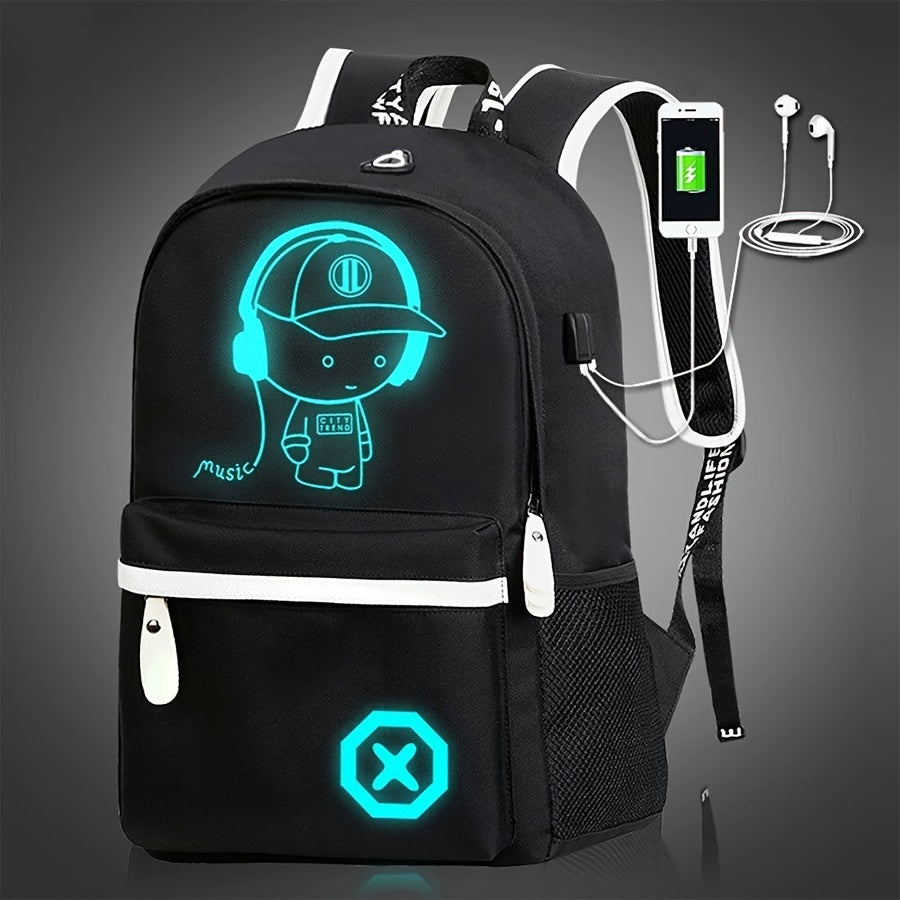 Glow-in-the-dark cartoon backpack with USB charging, adjustable straps, and zip closure. Perfect for daily use for school or commuting.