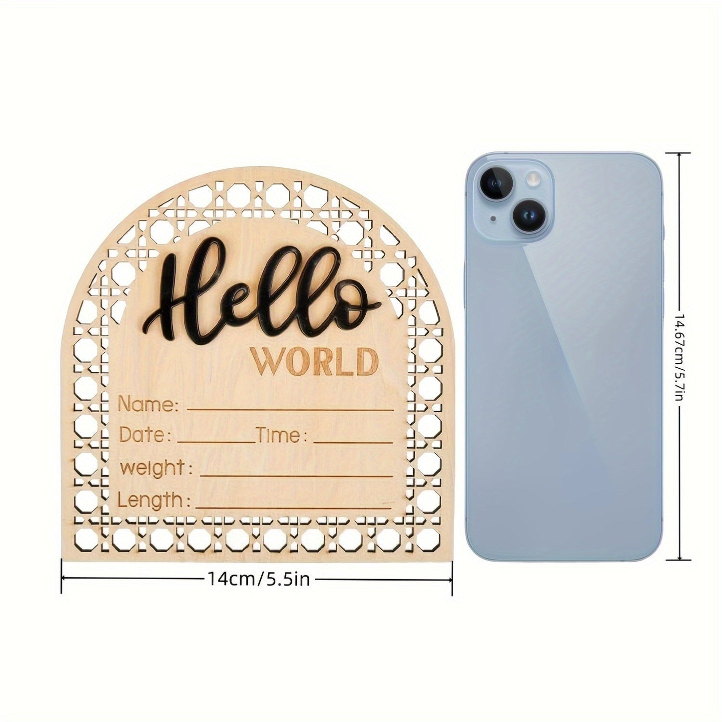 Wooden birth announcement plaque in fan-shaped design, featuring "Hello World" message. Perfect for photo props, this engraved keepsake plaque measures 13.97cm and includes fields for birth details. In a beautiful apricot color, this plaque is suitable