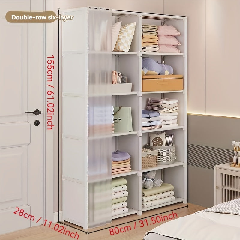 Simple to put together, this multi-layer storage organizer is made of metal and has dustproof shelving. It is perfect for use in bedrooms, classrooms, rentals, and dorm rooms. The freestanding closet system has over 3.2 cubic feet of enclosed storage