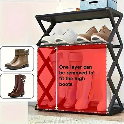 4-Tier Folding Shoe Rack in Retro Style, Holds 12 Pairs, Space-Saving Organizer, No Power Needed, Foldable Boot Rack for Living Room, Made of Black Metal and Plastic, Ideal for Home and Kitchen Storage