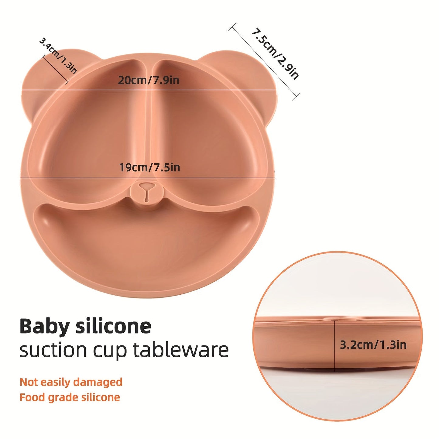 Blue Silicone Feeding Plate with Suction Cup - Three-Section Divided Design for Complementary Foods, Meal Plate with Three Grids, Bear Smiling Design