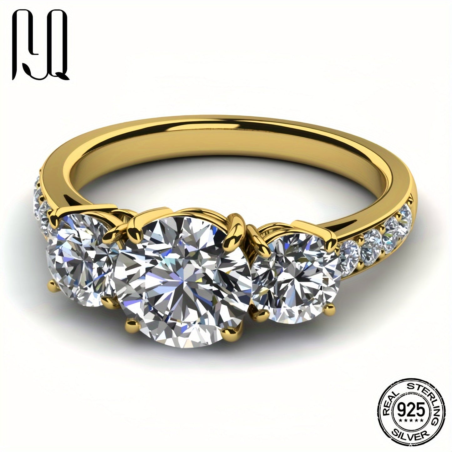 Elegantly designed, this stunning 3-stone Moissanite engagement ring is crafted from 925 Sterling Silver and is 18K Golden Plated. The centerpiece features a dazzling 3.6 Carat D-Color Round-Cut Moissanite, complemented by 0.24 Carat Side Stones. This