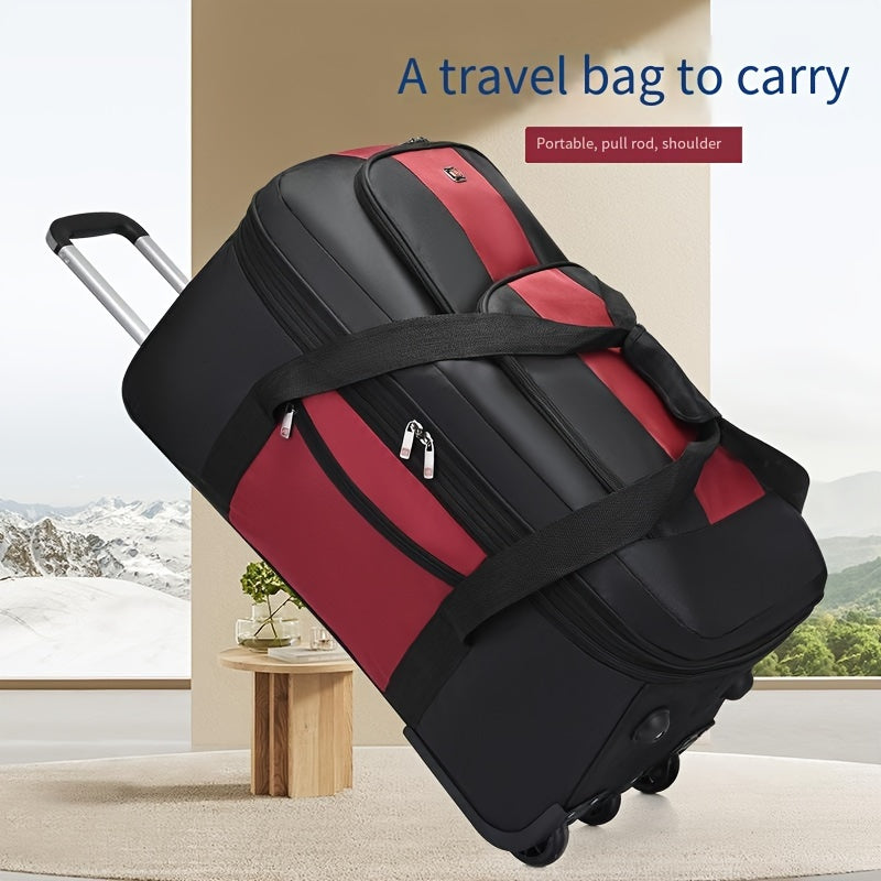 HOMEFISH Expandable Large Capacity Travel Bag with Telescopic Handle. Durable polyester, multi-compartment organizer. Portable pull rod shoulder bag in deep gray/red/black. Perfect for