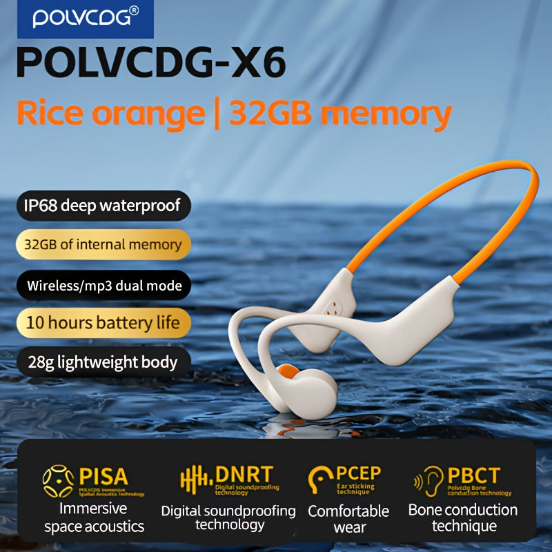 POLVCDG X6 Wireless Bone Conduction Headphones with IPX-8, 10H Battery, 32GB Memory, Lightweight design, Sound Isolation, Volume Control, and Condenser Mic. Suitable for Swimming, Cycling