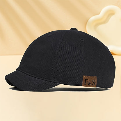 F&S Vintage-Inspired Baseball Cap with Faux Leather Patch - Adjustable and Sun-Protective. Classic European & American Fashion Accessory with Short Brim, Polyester, Woven Fabric.