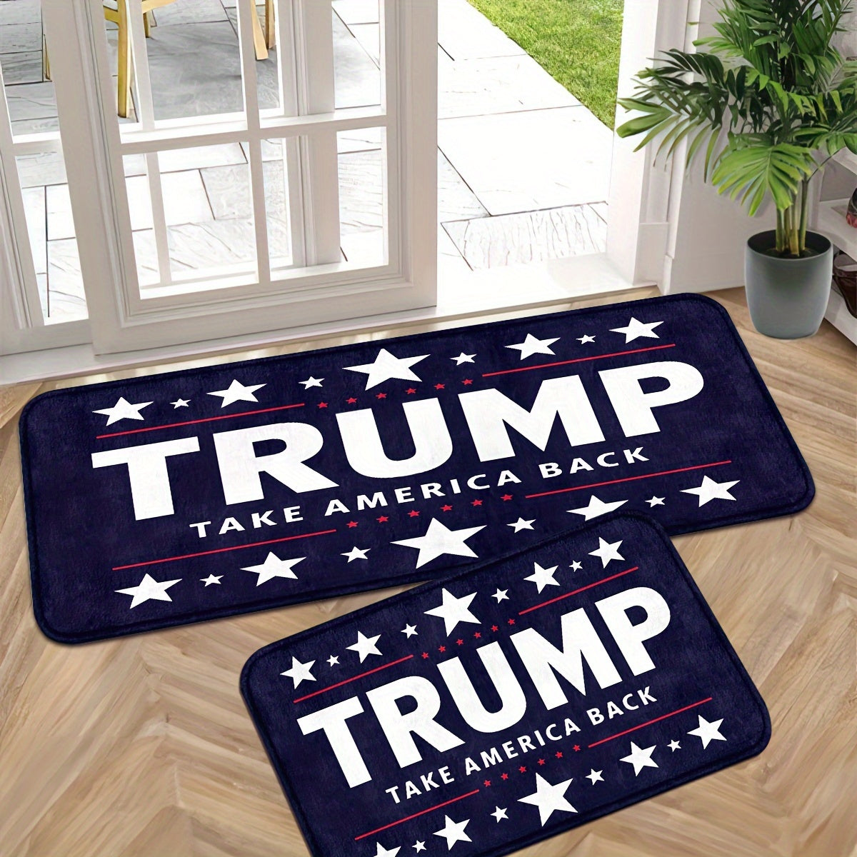 Trump Take America Back Doormat available in two sizes: 74.93cm x 44.96cm and 119.89cm x 44.96cm. Features: Machine washable, non-slip, and durable for long-lasting use.