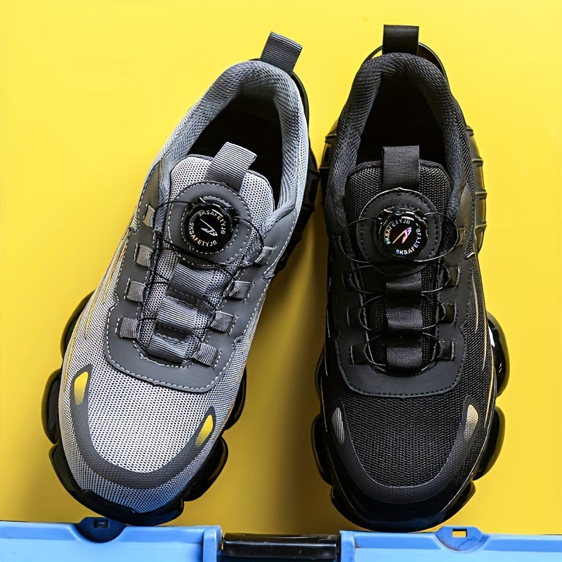 Breathable mid-top safety shoes with lace closure, steel toe cap, rubber sole, and fabric insole. Comfortable and protective work footwear.