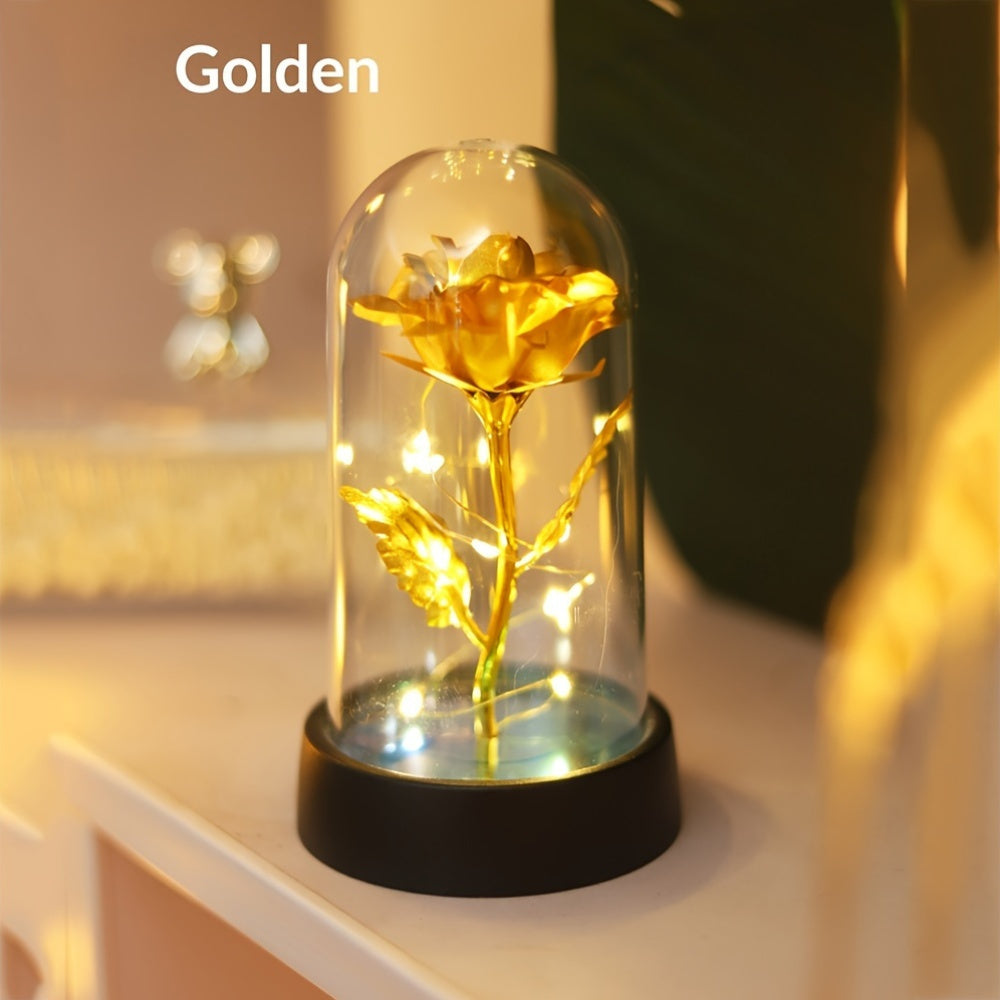 LED flower night light with gold foil rose design, tabletop lamp with switch control, battery-powered for bedroom decor. Includes 1 non-rechargeable button battery.