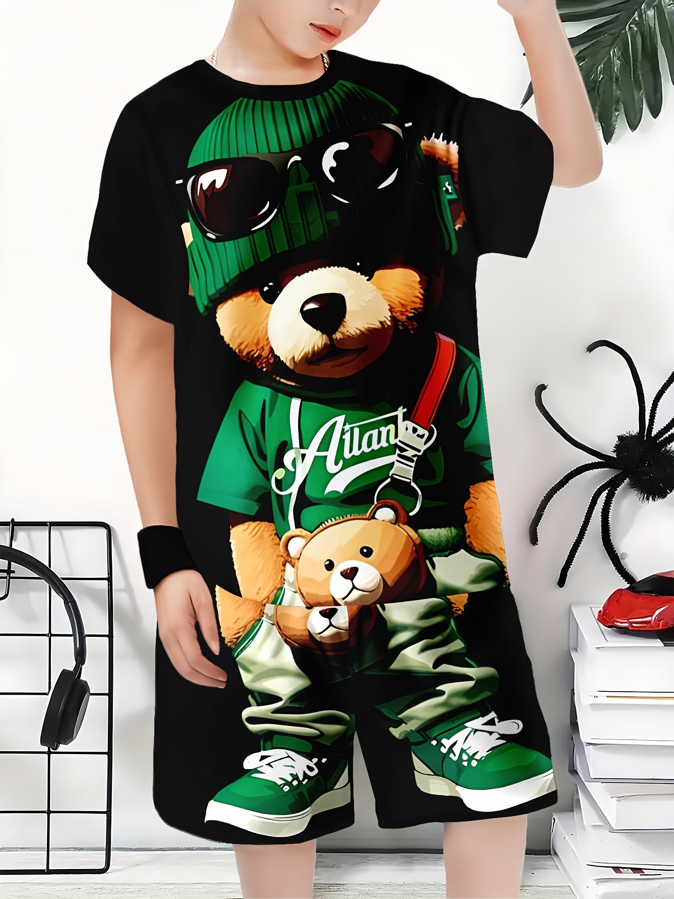 Boys' 3D printed casual outfit set with comfy polyester T-shirt and shorts featuring cool bear design, ideal for spring/summer and outdoor wear.