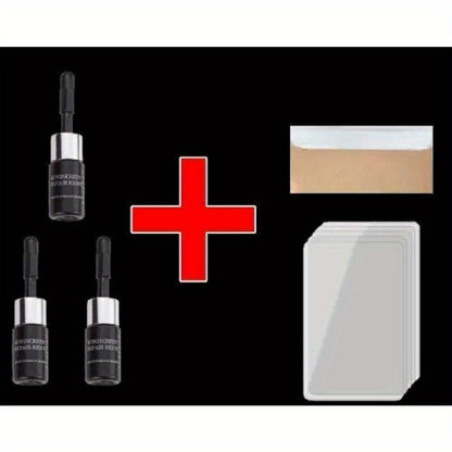 Do-it-yourself repair kit for car windshield and phone screens using glass curing glue to restore scratches and cracks.