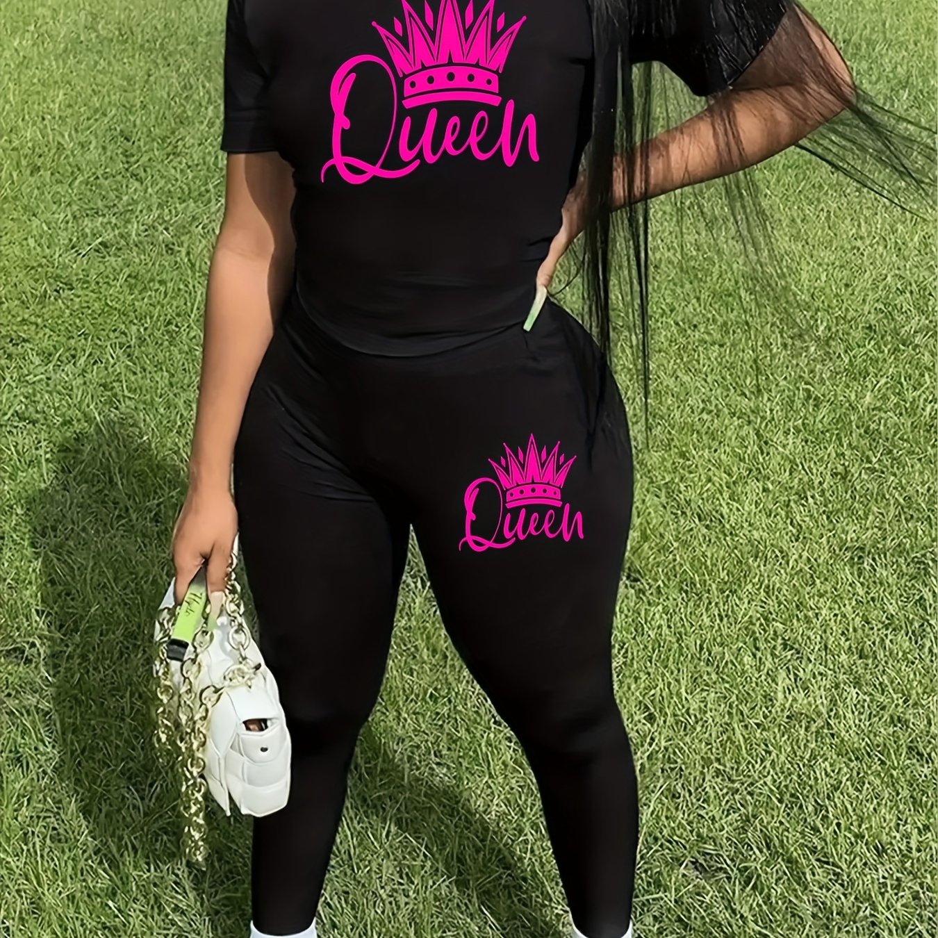 Women's activewear set with a queen crown graphic, stretchy polyester blend, machine washable, crew neck tee and long pants.