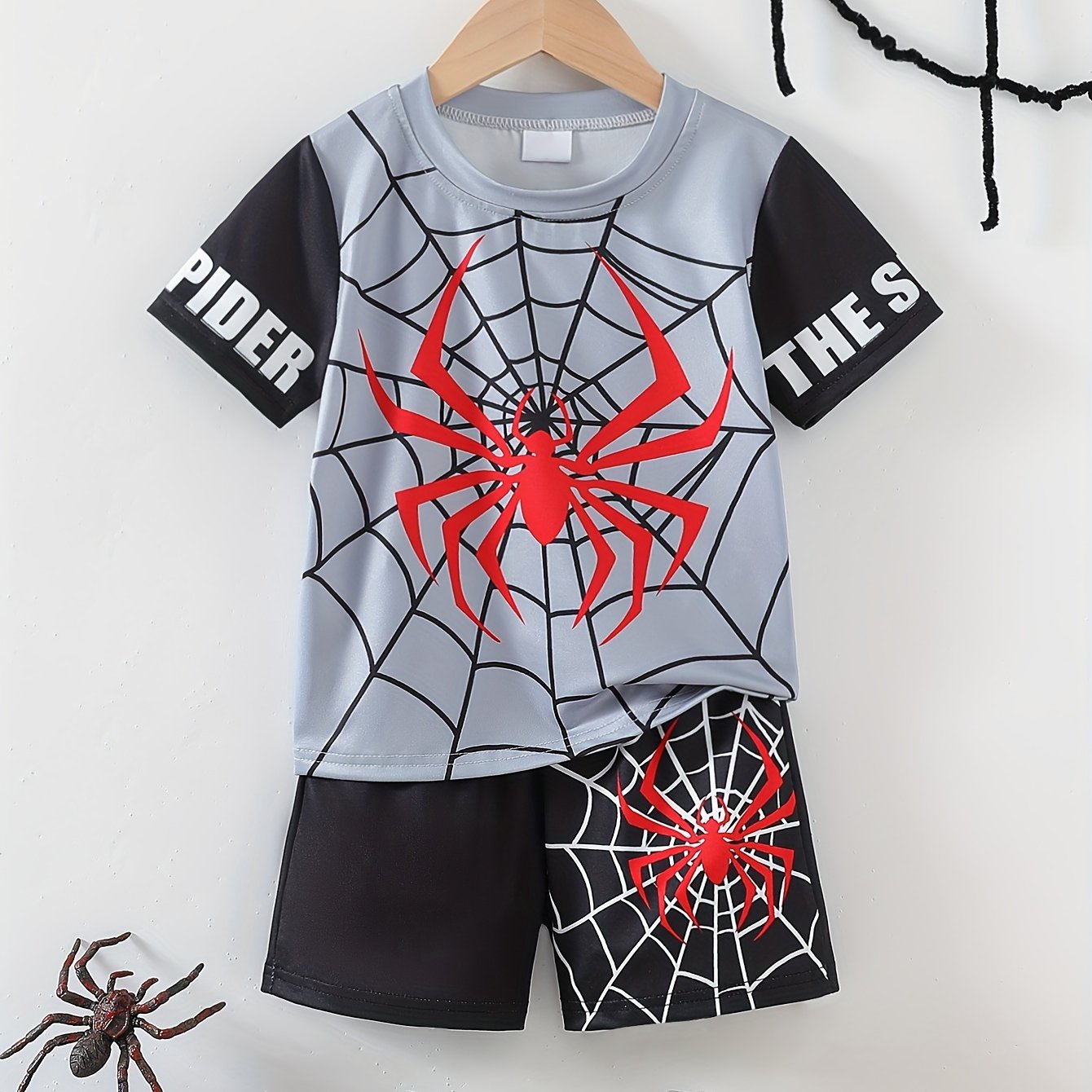 Boys Spider Graphic Print T-shirt & Shorts Set for summer comfort.