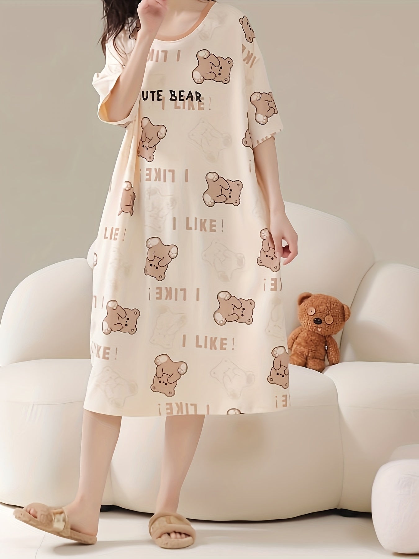 Summer Cartoon Bear Print Slim Fit Dress, Short Sleeve, Round Neck