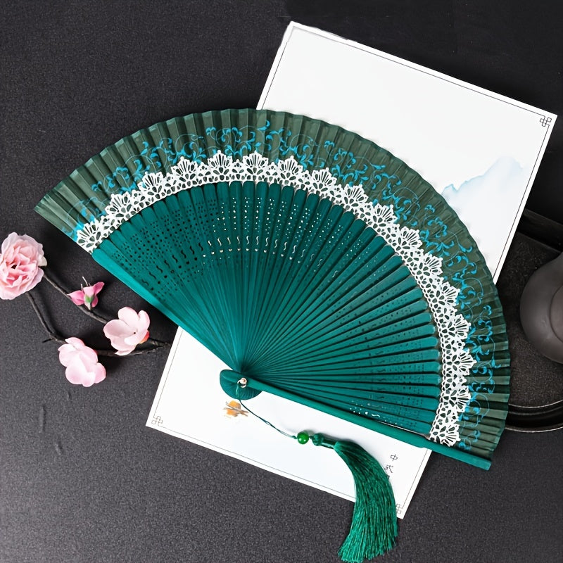 Portable folding fan in traditional Chinese lace style, crafted from bamboo in Japanese design. A unique vintage cultural gift and perfect pocket fan for personal use.