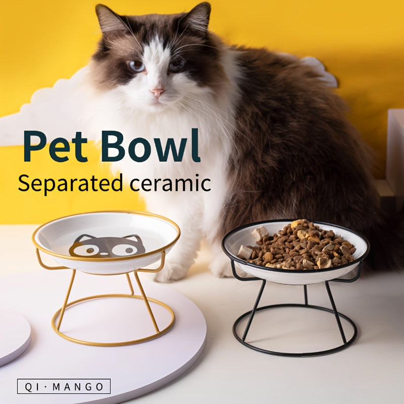 Pack of 2 includes 1pc Shelf + 1pc Bowl Ceramic Cat High Table Bowl with Cartoon Pattern. Health-conscious design suitable for pet feeding at home.