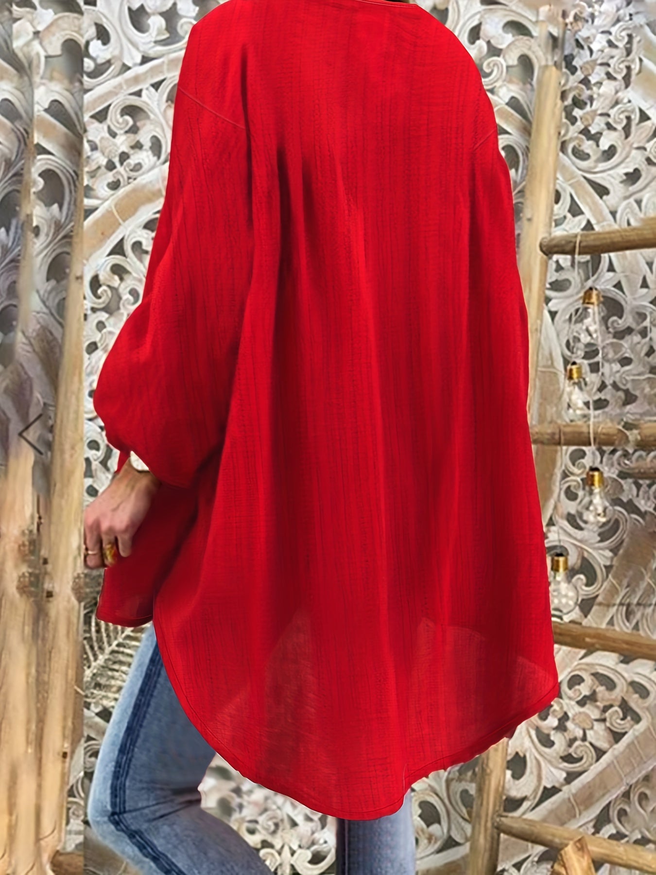 Plus Size Red V-Neck Blouse with Beaded Star & Tassel Details, Long Sleeve, Loose Fit, Polyester, Machine Washable, All-Season Comfort.