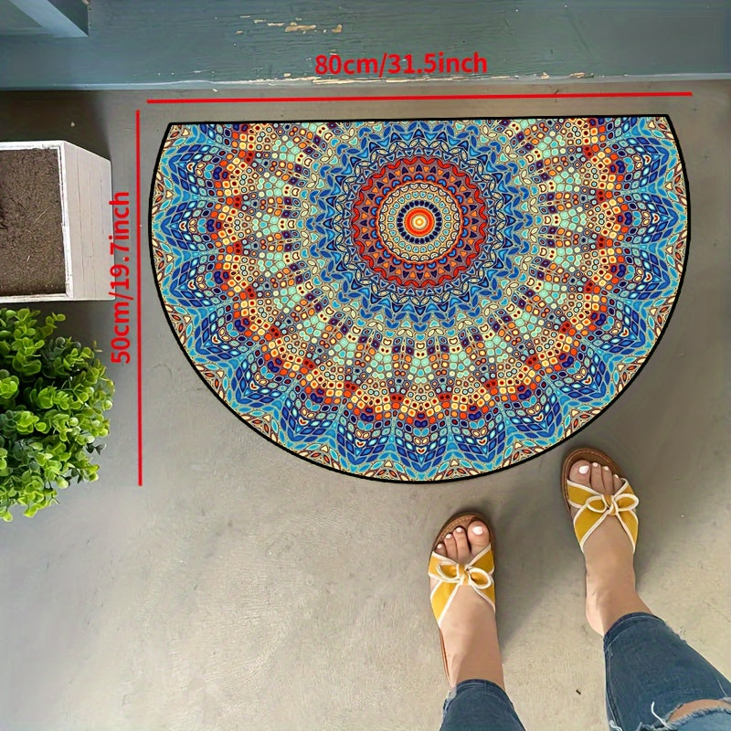 Mandala Flower Half Round Doormat - Non-slip, Machine Washable Polyester - Indoor/Outdoor Bedroom Hallway Patio Entryway Carpet - Photo Prop Gift Available in Various Sizes: 15x23, 19x31, 23x35, 31x47 inches.