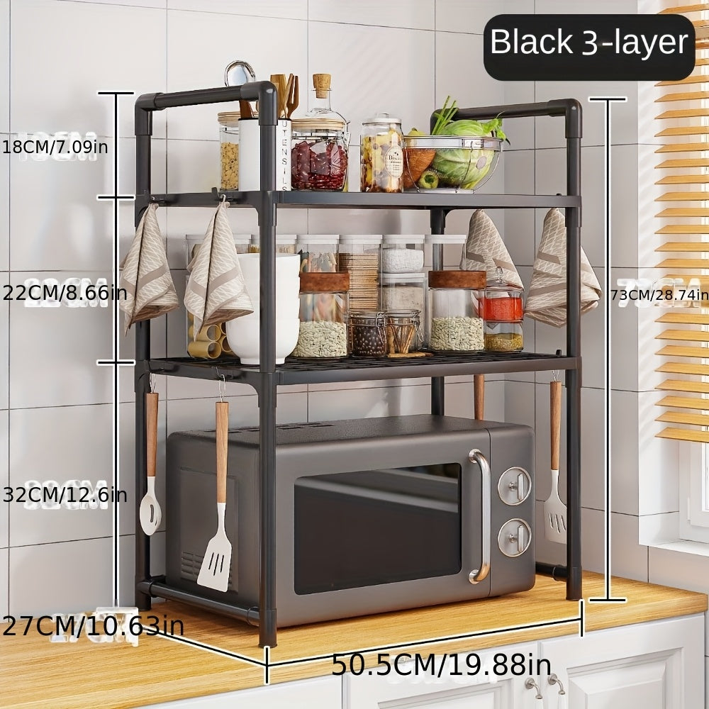 Durable metal kitchen microwave stand with two tiers - easily adjustable and expandable for microwave, oven, and other appliances - no wood, hassle-free cleaning.