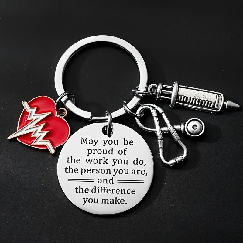 Set of 12 Nurse Appreciation Keychains made of stainless steel featuring ECG heartbeat, syringe, and stethoscope charms. These round medical themed key rings are perfect for nurses, doctors, and medical students as a Nurse's Day gift. Each keychain comes