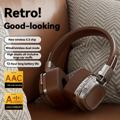 New retro style wireless headphones with noise cancelling earmuffs, long-lasting battery life, and high-tech design for outdoor activities. Also supports wired connection.