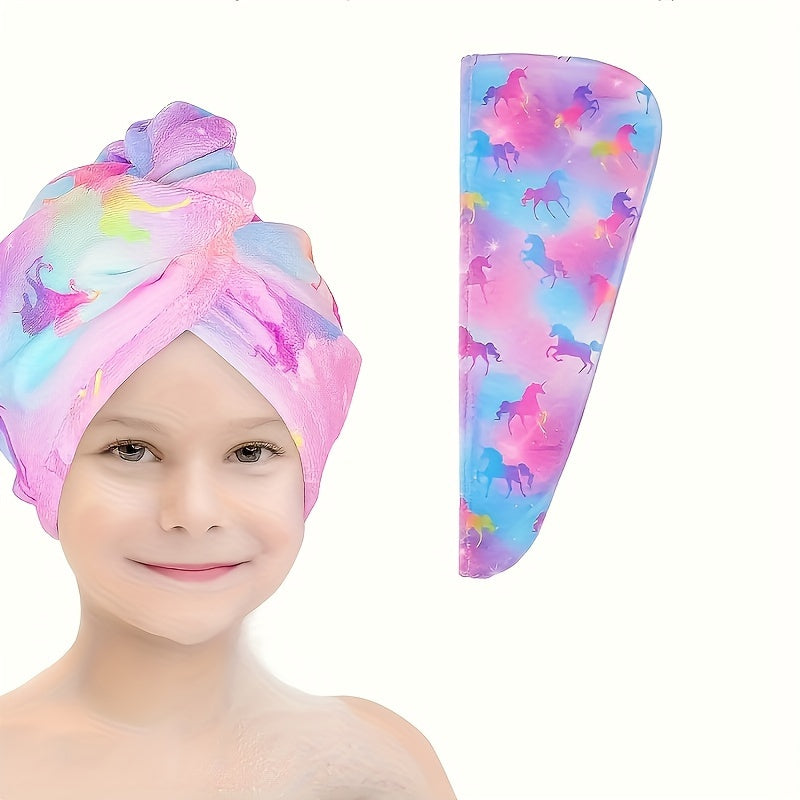 Printed microfiber hair towel for kids with quick-drying soft fabric, and button hair bandana for girls to wrap wet hair in salon.