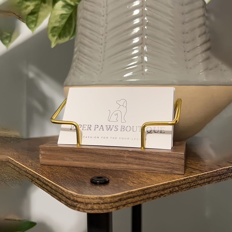 Walnut wood business card holder for desk display and organization.