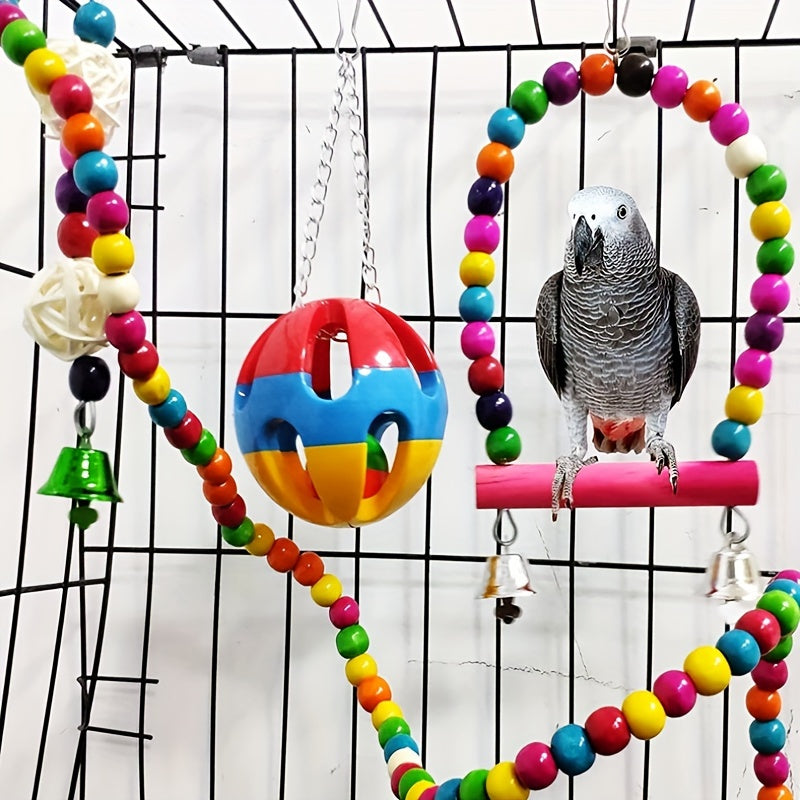 Bird toy set with swing, climbing ladder, stairs, colorful bells, and chew toys for small and medium parrots to relieve boredom and provide educational training. Available in sets of 3, 5