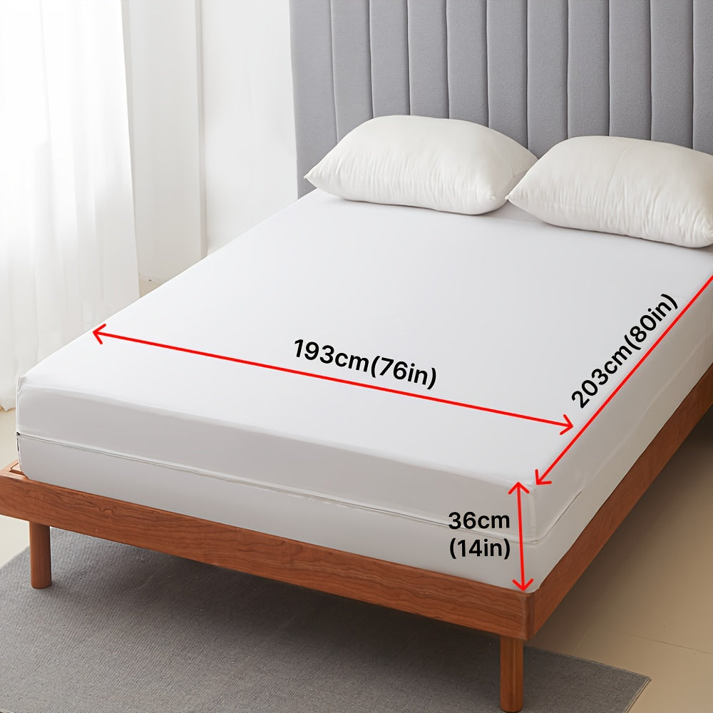 1 piece of fully enclosed waterproof mattress cover with zipper. (No pillowcase included) This dust-proof mattress protector is designed with solid color deep pocket fitted sheet for double bedroom. Available in white or grey.