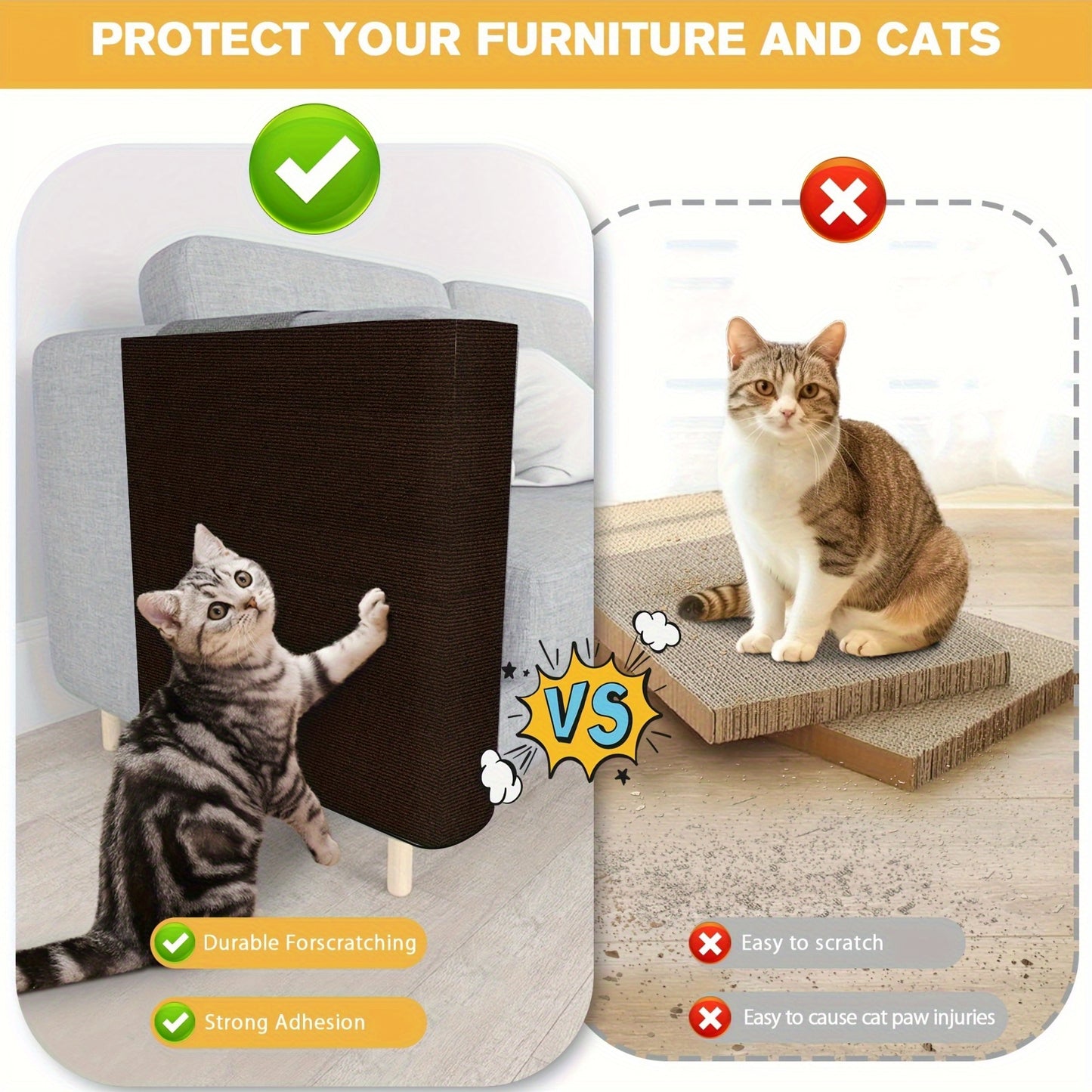 Durable cat scratching mat made of long-lasting polyester, easy to install and customizable for furniture protection and claw care.