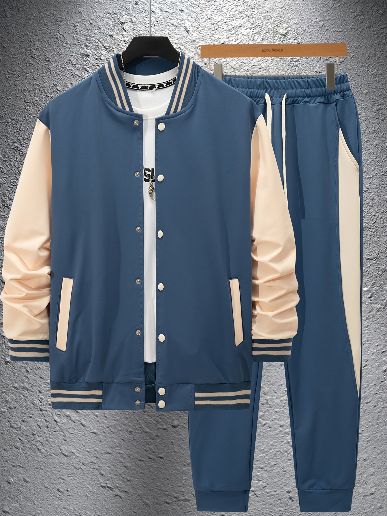 Men's casual baseball collar jacket and pant set in color block, with long sleeve sweatshirt and sweatpants made of polyester. Features button detail and is part of the Spring/Fall