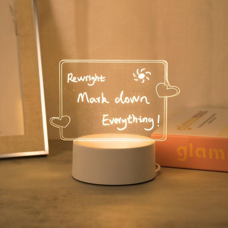 USB LED table lamp with erasable writing board, warm ambient light, switch control, and no battery needed - ideal gift option for home decor.