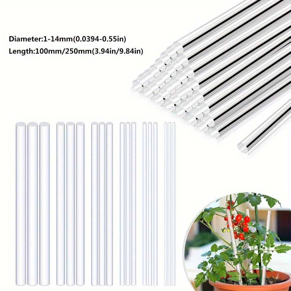 Clear acrylic rods available in sizes ranging from 1-14mm in diameter and 100/250mm in length. Sold in packs of 5 or 10, solid, round, and unpolished.