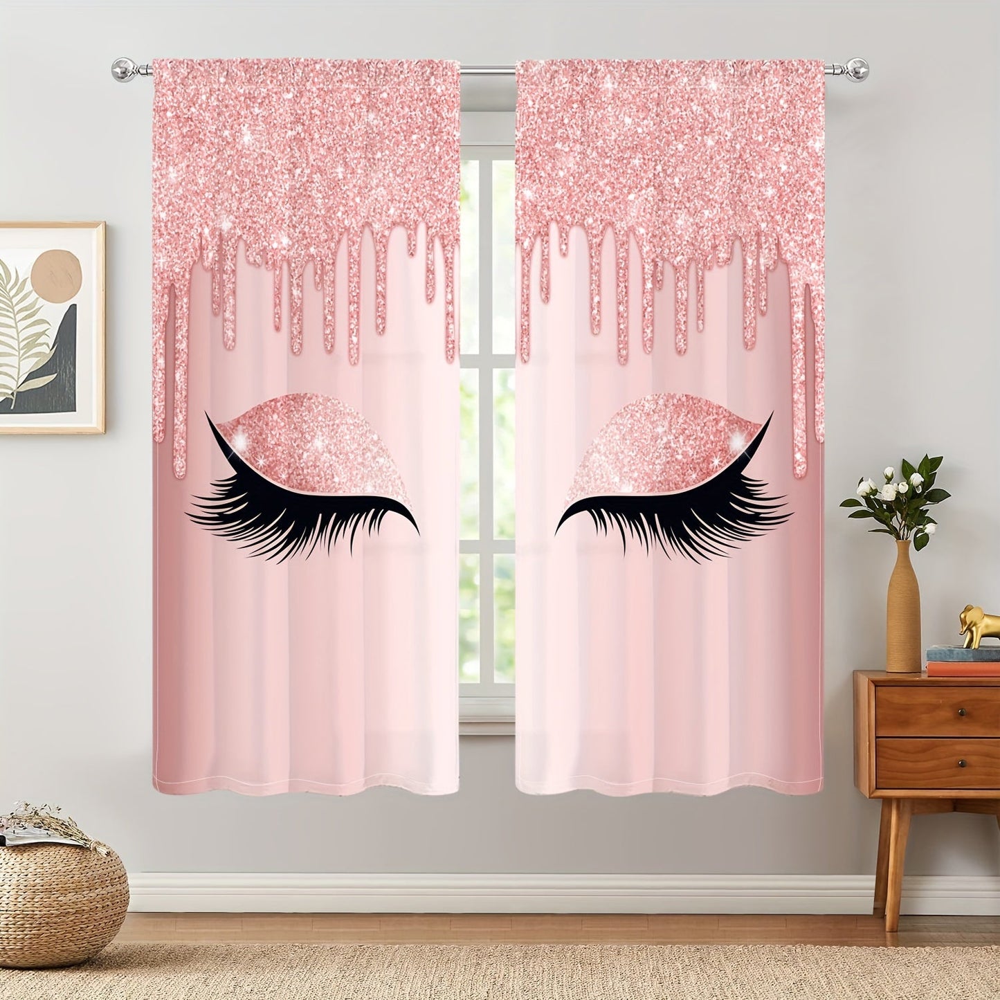 Set of two Eyelash Printed Curtains, Rod Pocket Window Treatments ideal for Bedroom, Office, Kitchen, Living Room, Study, and Home Decor. Enhance your room with stylish and aesthetic decorative curtains.