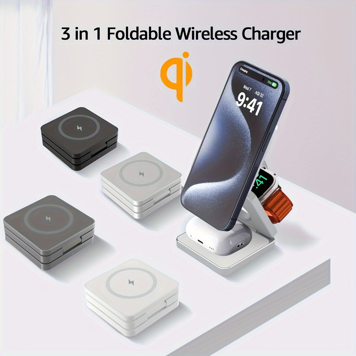 3-in-1 fast wireless charger for iPhone 15 14 13 Pro Plus Pro Max, with magnetic foldable design. Includes 5W portable charger for Apple Watch 9 8 7 6 5 and Airpods.