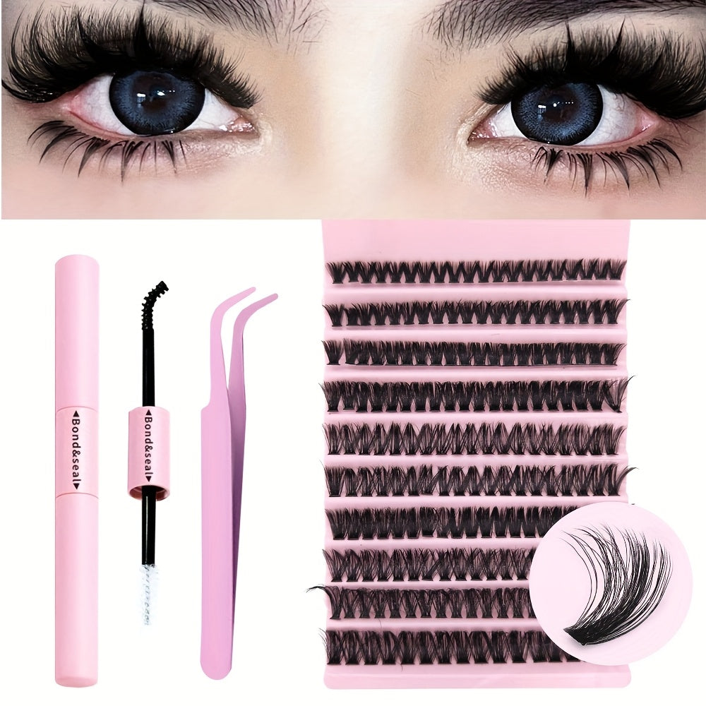 DIY Eyelash Extension Kit includes glue, tweezers and a variety of slim fluffy lashes in different lengths and curls.