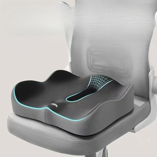 Ergonomic memory foam cushion supports tailbone and back for various seats, hand washable, mixed colors.