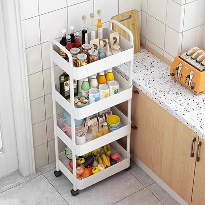 The white storage rack with wheels is a versatile 5-tier solution for organizing items in the kitchen, bathroom, or living room. It is ideal for storing snacks and coffee pods.