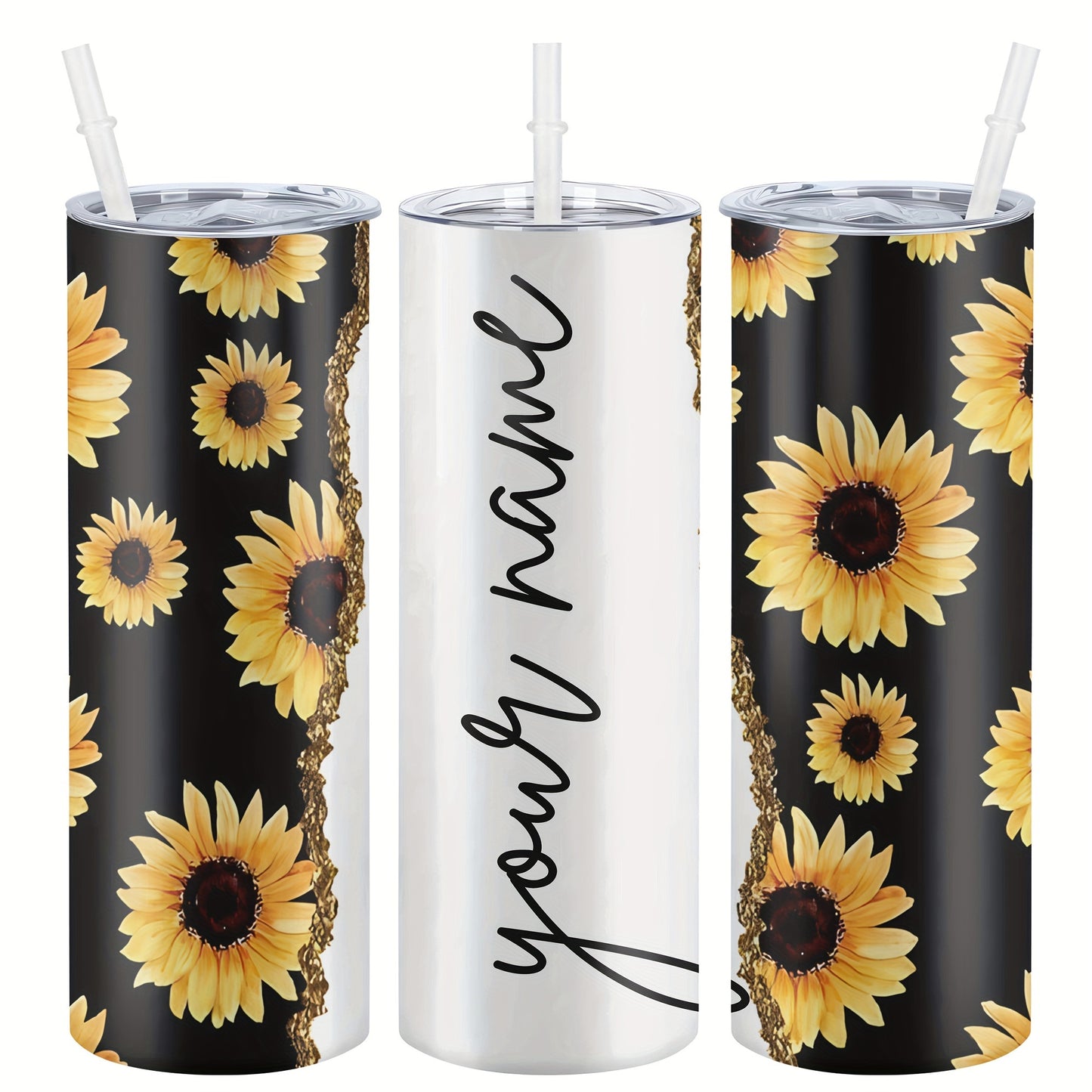 Customized sunflower stainless steel water bottle, 20oz with lid and straw, BPA-free, shatterproof, machine washable, perfect for outdoor travel and Valentine's Day gift.