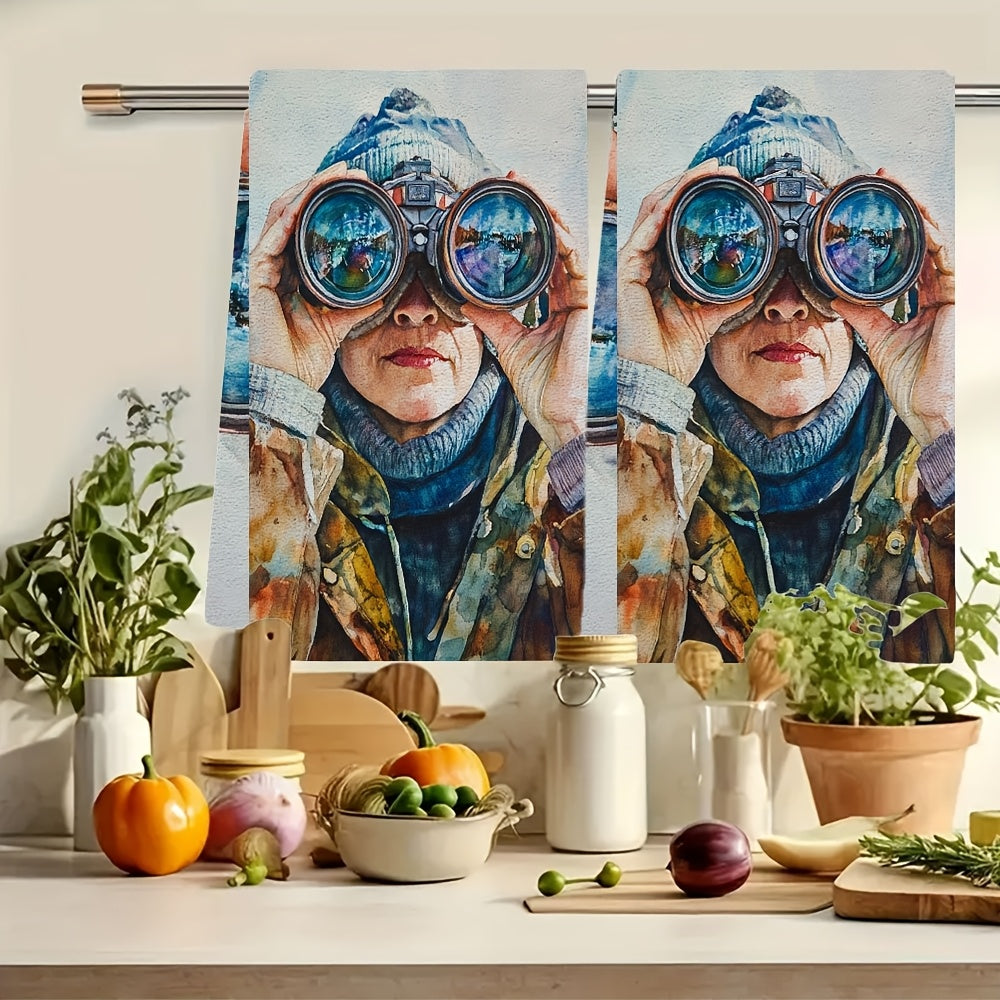 Set of 2 Ultra Soft Kitchen Towels featuring a Binoculars Scene - These Highly Absorbent Dish Hand Towels are Machine Washable and perfect for Coastal Decor. Size: 40.64x60.96 cm Dish Towels.