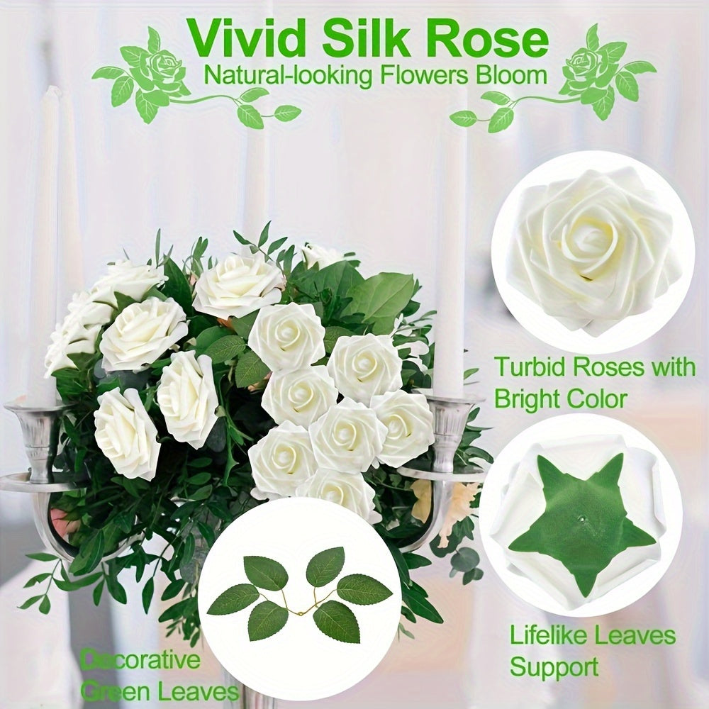 27 artificial ivory foam roses with stems and leaves, ideal for DIY wedding bouquets, bride gifts, centerpieces, and party tables.