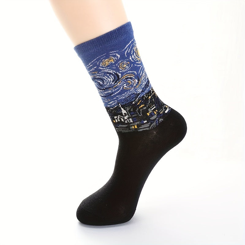 Men's 4-Pack Art Masterpiece Crew Socks featuring famous paintings, made of 70% cotton and 30% polyester. Hand wash only. Comfortable portrait patterned dress socks.