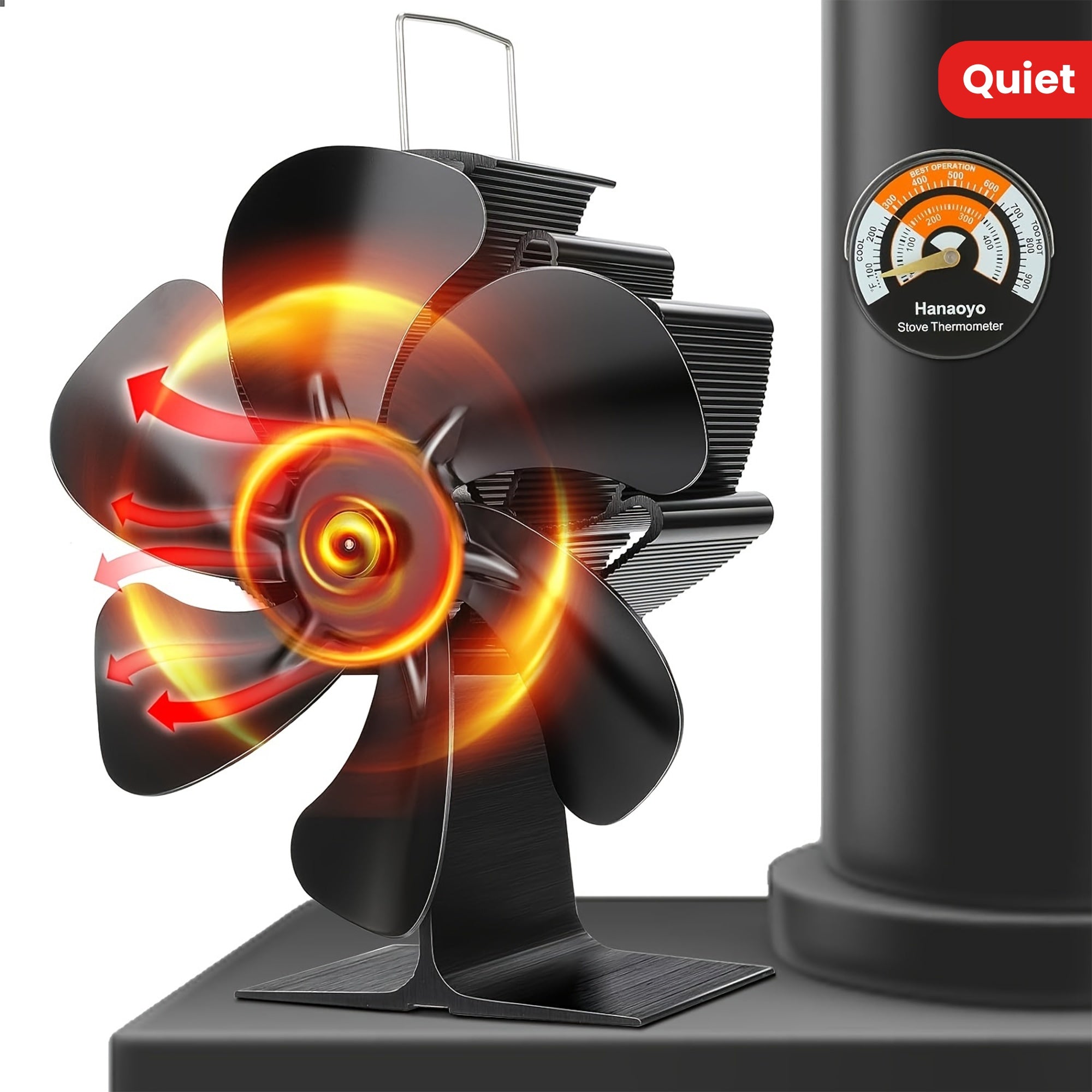 One-piece Fireplace Fan with Quiet Operation, No Electricity Needed. Includes Stove Thermometer for Efficient Heat Distribution in Wood Burners or Fireplaces. A Winter Essential!