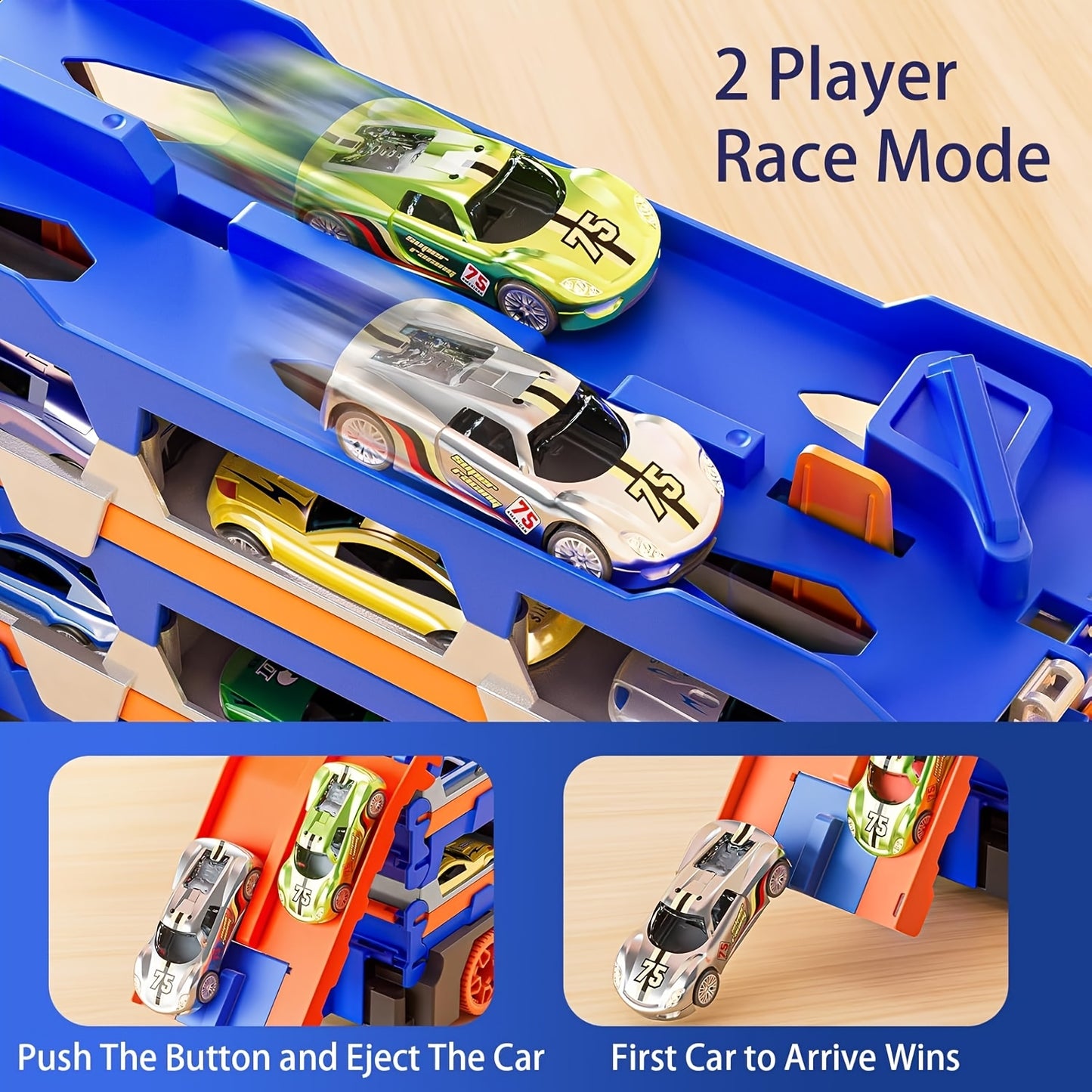 Dinosaur transformation transport track toy with car-swallowing feature, includes 6 mini cars, random colors and styles. Features foldable sliding 56-inch dual race track. Great gift for