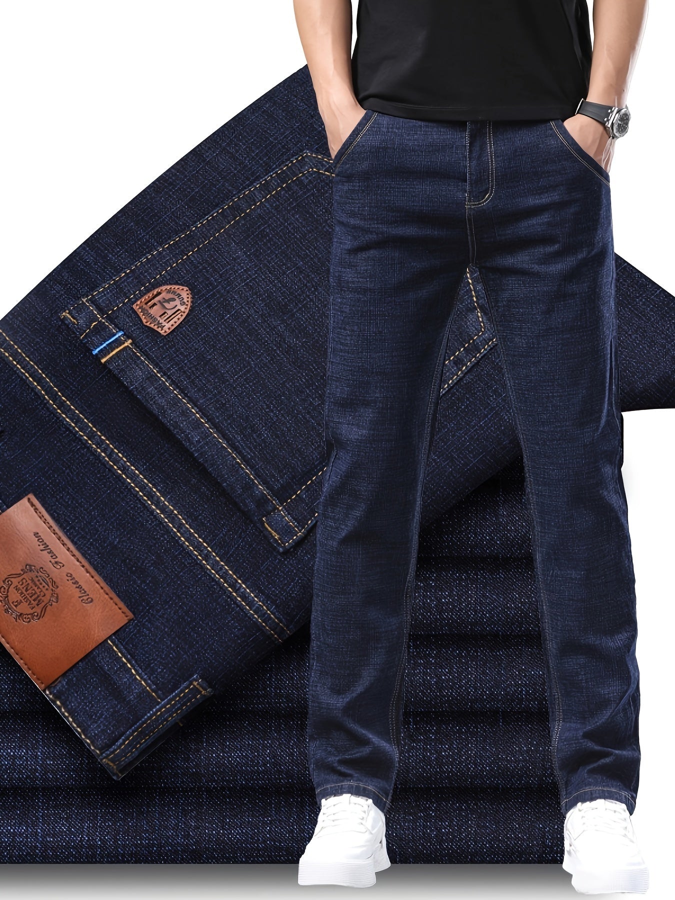 Men's slim-fit jeans made of 61.6% cotton, 36.9% polyester, and 1.5% spandex with all-season stretch denim. Raw wash in a solid color, regular fit for casual weekends. 200gsm woven fabric.