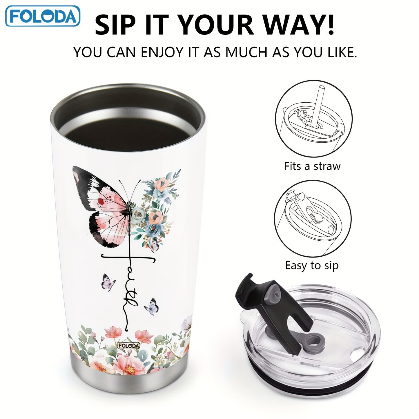 Christian gifts for women, including butterfly-themed tumblers and travel mugs, perfect for Christmas or birthdays.