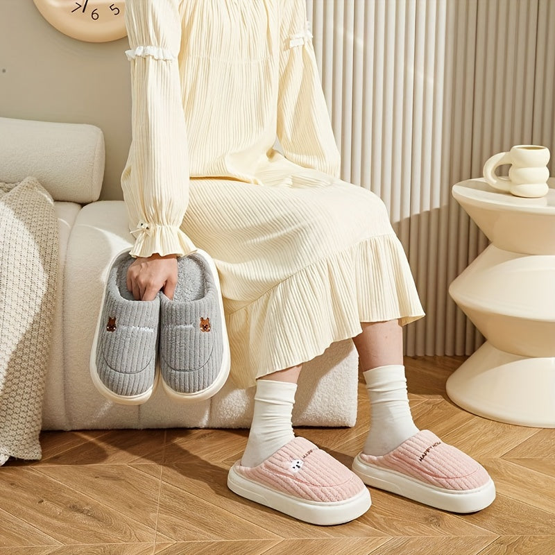 Solid color home slippers with soft EVA sole, comfortable fuzzy closed-toe design, non-slip plush indoor footwear.