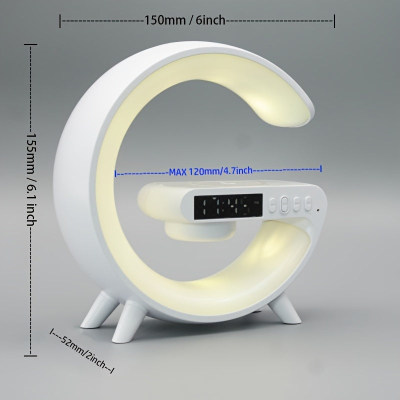 Modern 5-in-1 wireless speaker with LED light, desk lamp, phone holder, alarm clock, and wireless charging. Indoor use, made of plastic. Features button switch and dual power mode. Contains