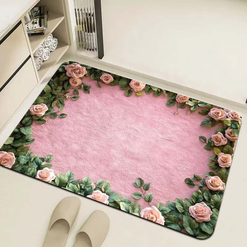 Polyester Doormat with Floral Design, Machine Washable, Non-Slip, 8mm Thick, Decorative Indoor Entrance Mat in Rectangle Shape for Kitchen, Living Room, Bedroom.