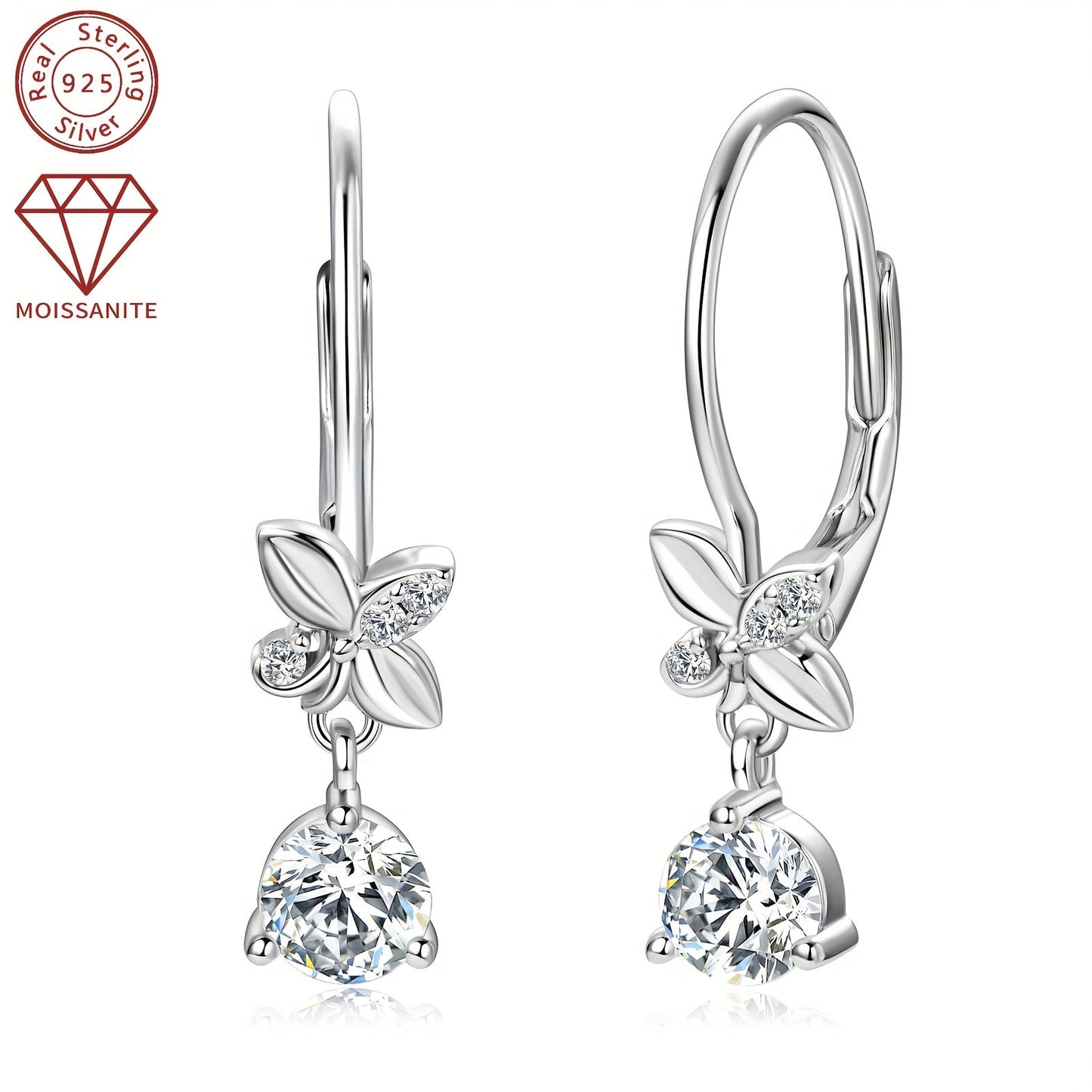 These 925 Silver earrings feature a pair of Moissanite stones, with measurements of 5mm x 2pcs and 1.3mm x 6pcs. The total carat weight is 0.53ct x 2pcs, making for a stunning and stylish pair of dangle earrings. These round synthetic Moissanite earrings